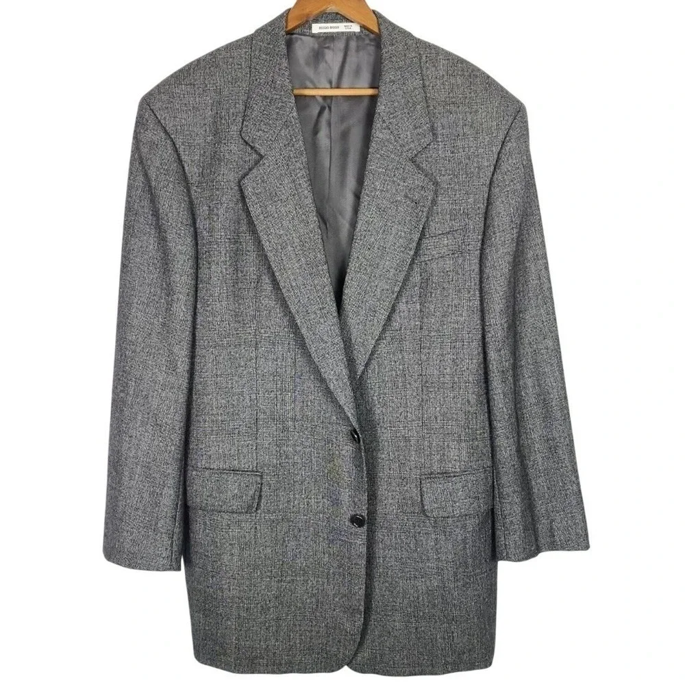 Hugo Boss 44L Long Blazer Gray Check Sport Coat Designer 100% Wool Suit Jacket